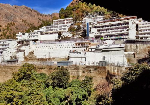 Katra, India – December 28, 2020: Aerial view of Mata Vaishno Devi Shrine from a ropeway trolley.